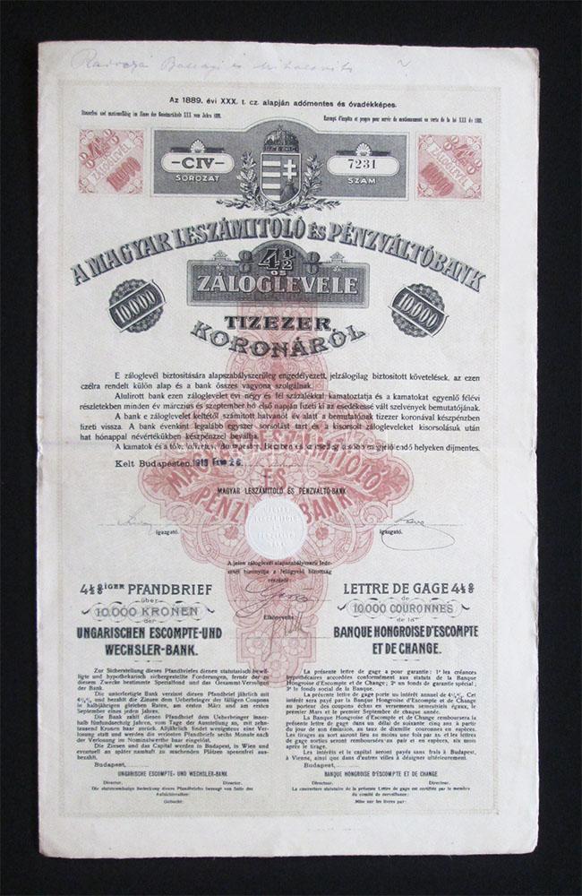 Magyar Leszmitol s Pnzvlt Bank 4,5% zloglevl 10000k 1919